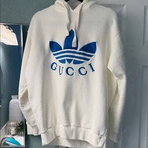 Gucci White Hoodie with Blue Logo - Men's Sweater